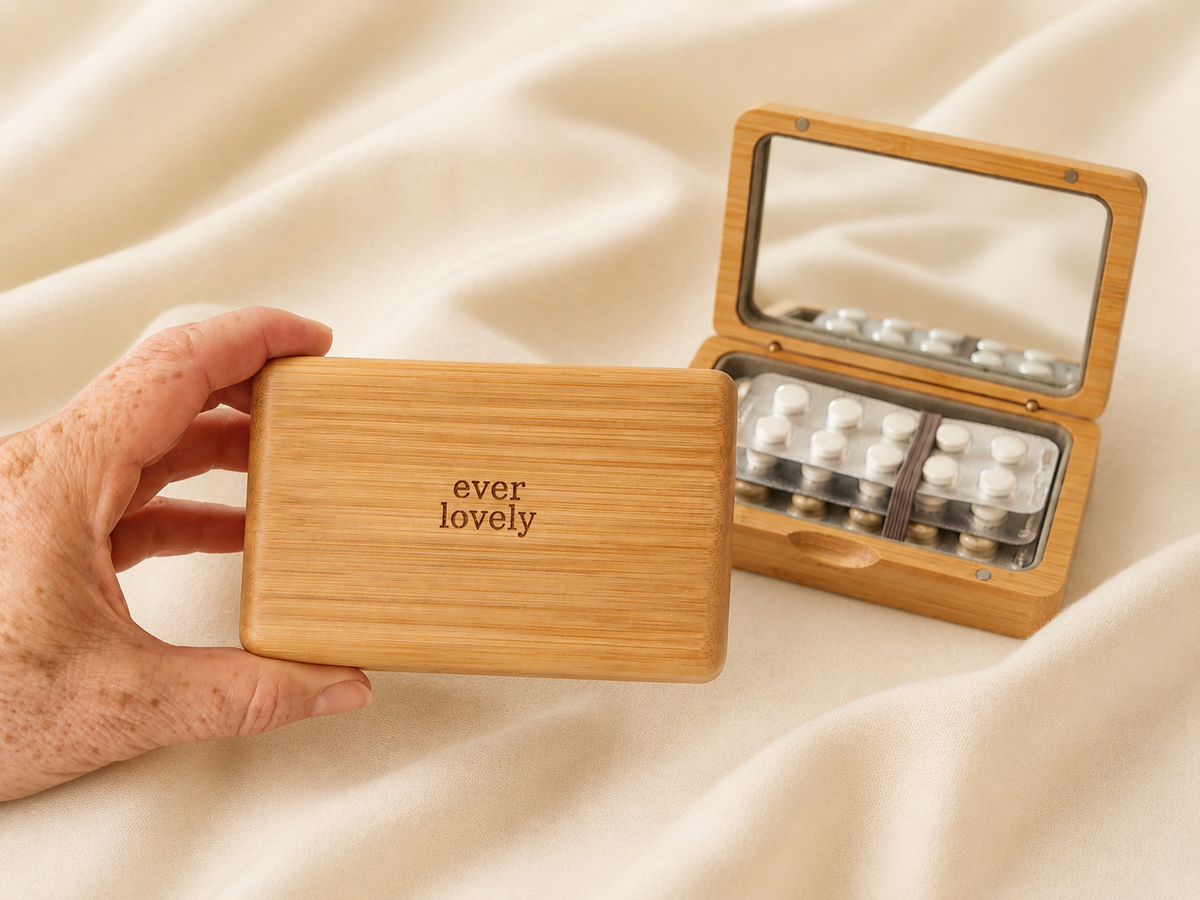 Ever Lovely bamboo pill compact for handbag storage of blister packs, pills and medication and small items